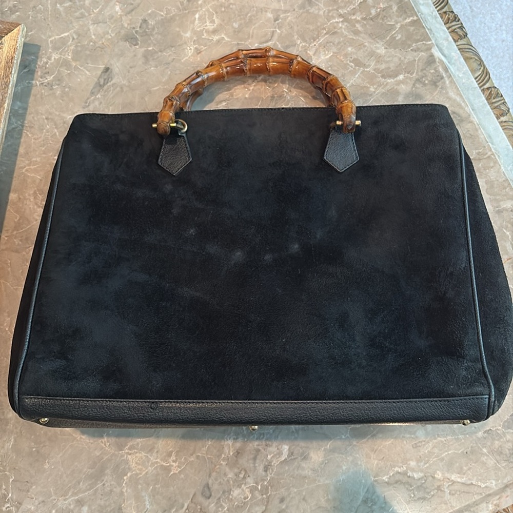 Black Suede Handbag with Bamboo Handles - Picture 5 of 16